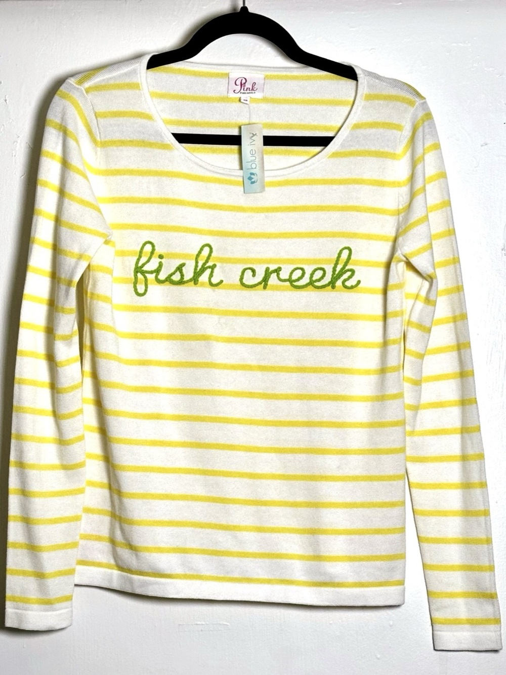 Pink Pineapple “Fish Creek” Embroidered Cotton Sweater Yellow White Striped Size